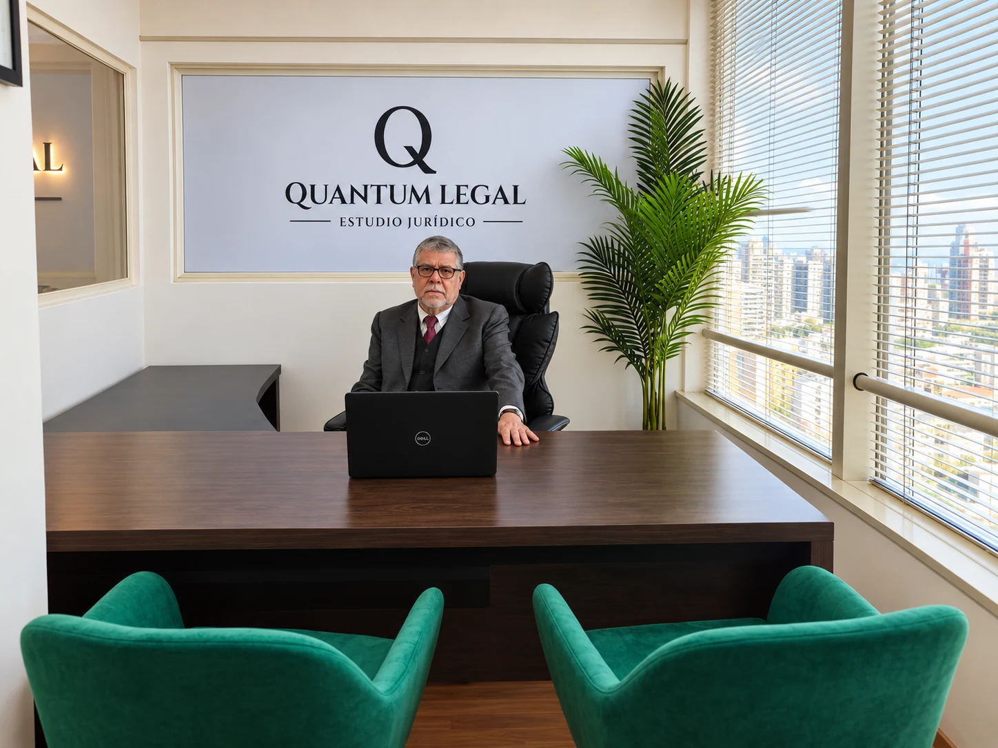 Abogado en el despacho de Quantum Legal, frente al logotipo del estudio