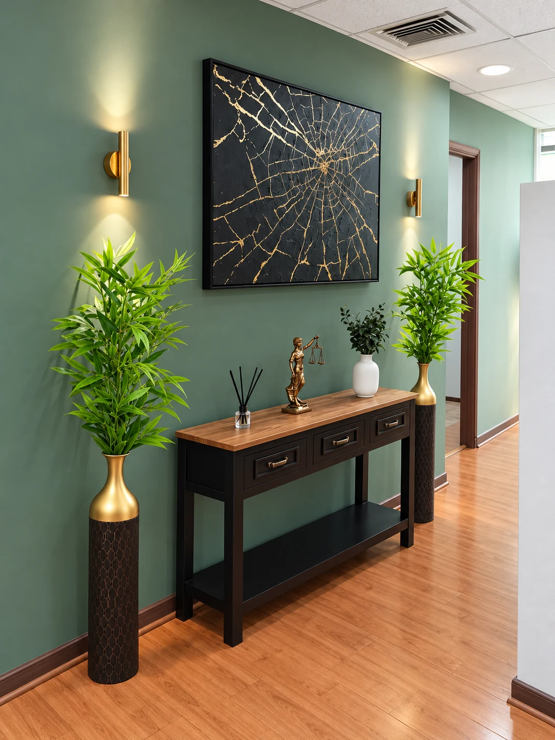 Decoración del estudio en verde y dorado, con estatua de la Justicia y plantas
