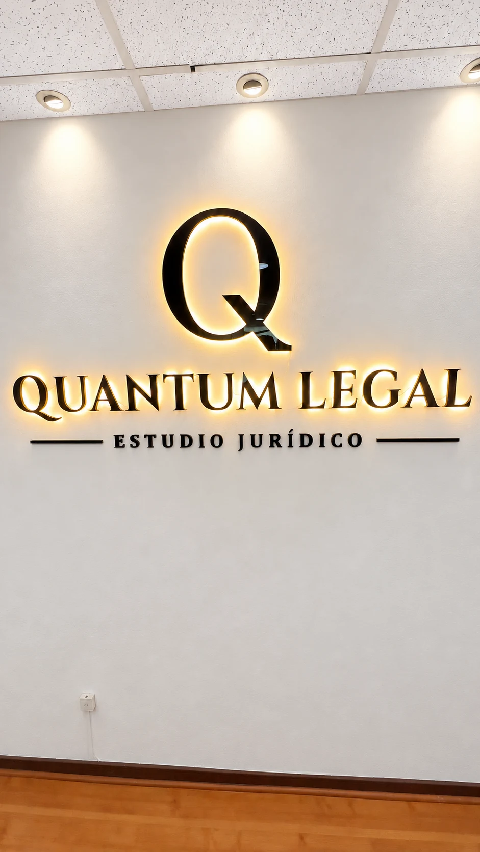 Logotipo iluminado de Quantum Legal sobre la pared blanca del estudio