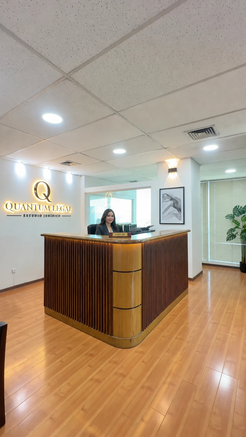 Recepción de Quantum Legal con mostrador de madera y recepcionista