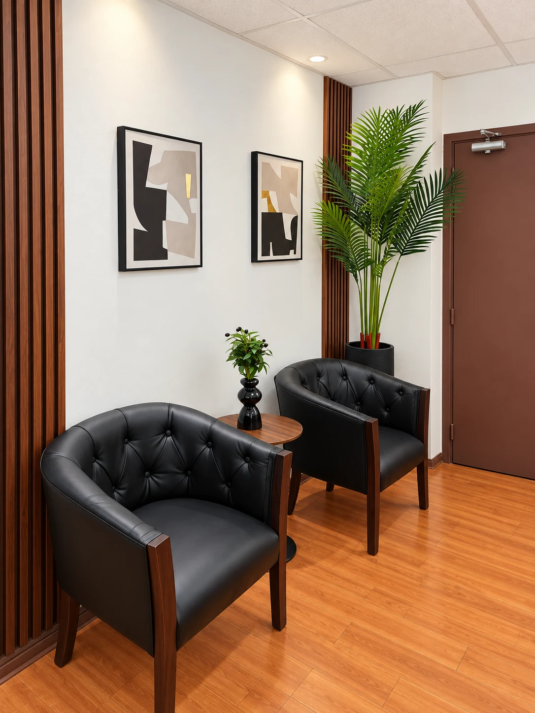 Sala de espera de Quantum Legal con sillones negros, cuadros y revestimiento de madera